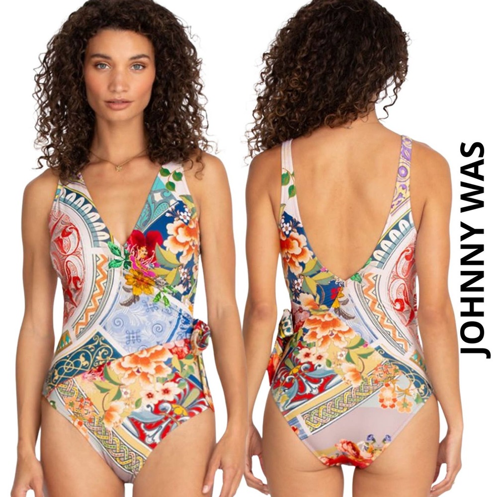 Johnny Was NWT Floral Wrap V-Neckline One-Piece Swimsuit UPF 50+, Large